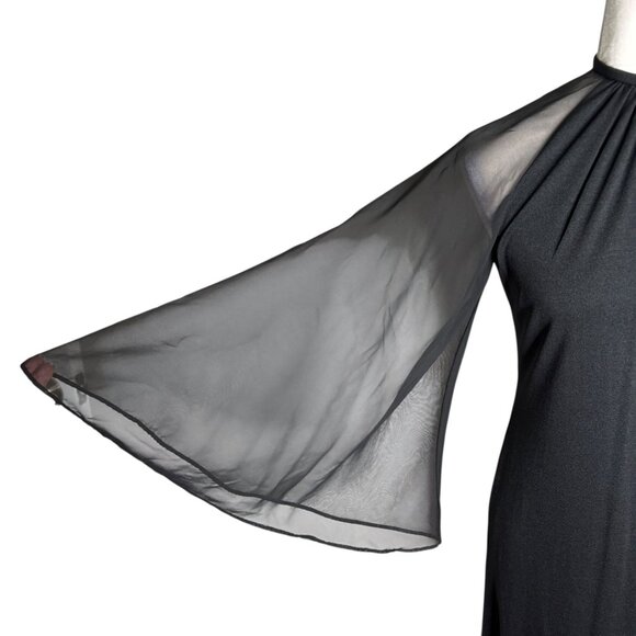 Vintage 70s Les Wilk Sheer Bell Sleeve Maxi Dress Small Black Evening Gown - Picture 4 of 10